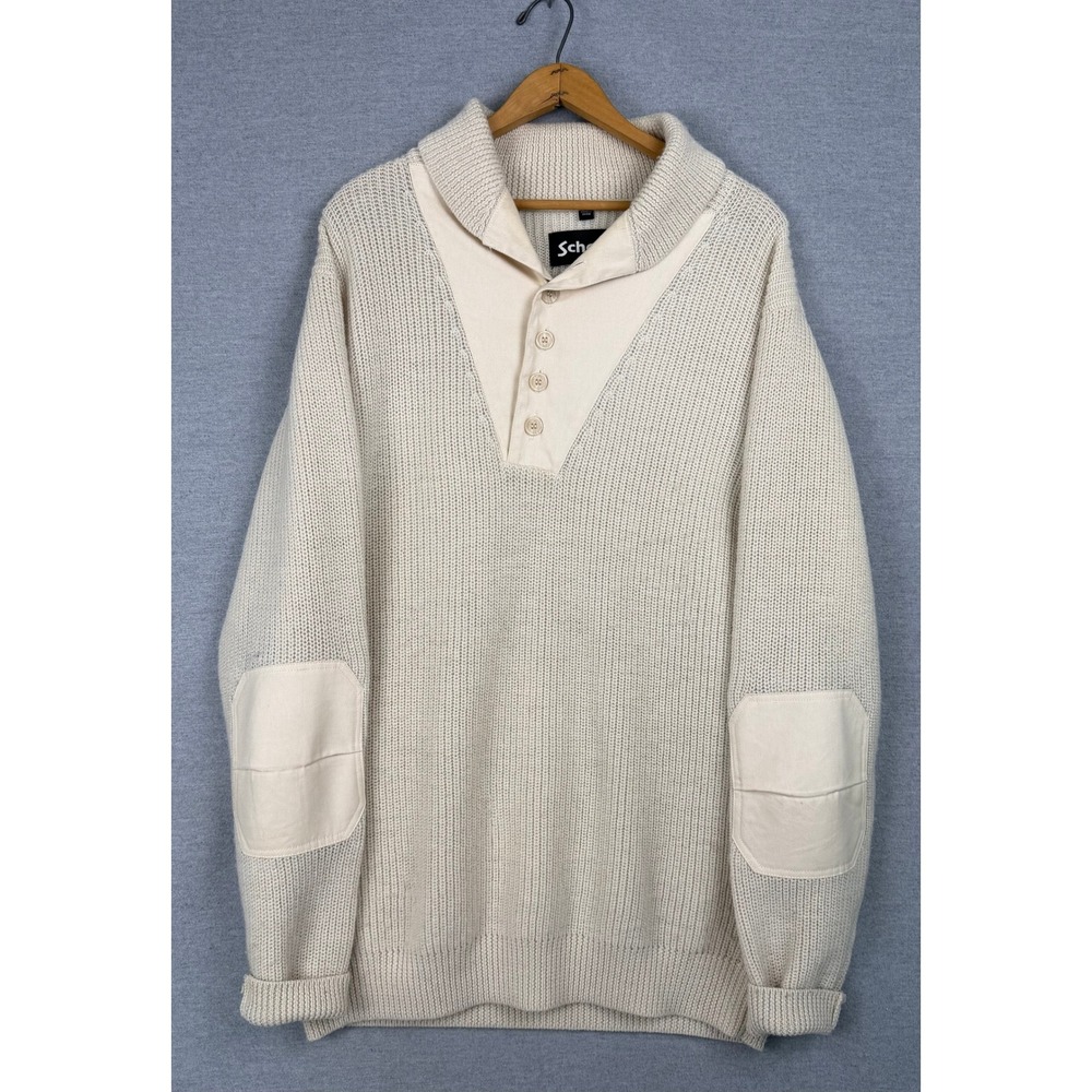 Schott NYC Mens Wool Shawl Collar Sweater Elbow Patches Cream S1011M Large